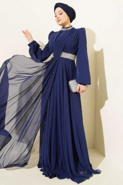 Chiffon Evening Dress with Neckline and Waist Stones Navy Blue