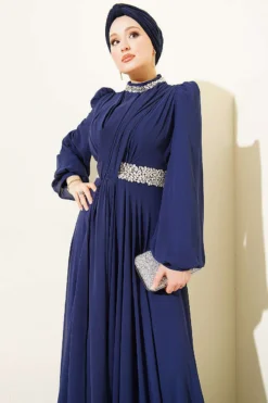 Alternative view of Chiffon Evening Dress with Neckline and Waist Stones Navy Blue