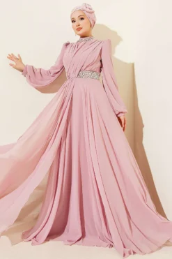 Chiffon Evening Dress with Neckline and Waist Stones Powder Pink