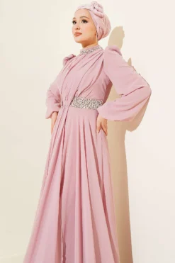 Alternative view of Chiffon Evening Dress with Neckline and Waist Stones Powder Pink