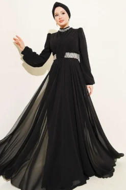 Chiffon Evening Dress with Neckline and Waist Stones Black