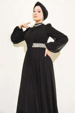 Alternative view of Chiffon Evening Dress with Neckline and Waist Stones Black