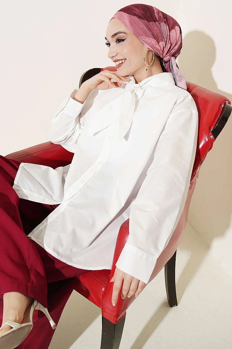Loose Fit Shirt with Ties at the Collar Ecru بالجملة shirt - Hicabistan مصنع تركيا