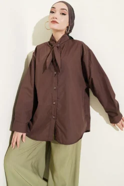 Loose Fit Shirt with Ties at the Collar Brown