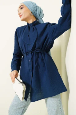 Loose Tie-Neck Shirt Navy Blue