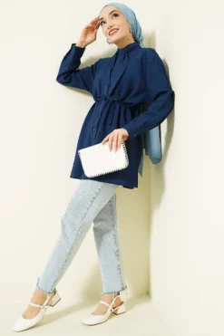 Alternative view of Loose Tie-Neck Shirt Navy Blue