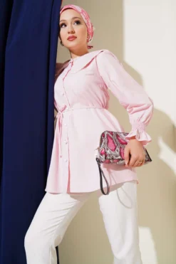 Shirt with Pearl Collar and Tie Belt Pink