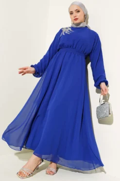 Stone-Embellished Belted Chiffon Dress