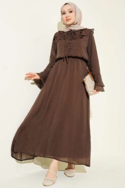 Ruffled Collar Brit Buttoned Skirt Set Brown