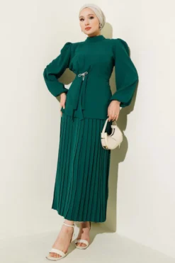 Side Gathered Pleated Skirt Two-Piece Set Emerald