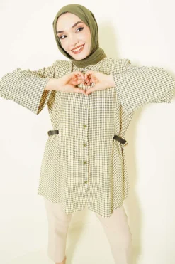 Checkered Shirt with Side Elastic and Belt Green