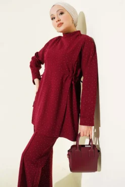 Alternative view of Side Slit Stone Embellished Two-Piece Set Burgundy