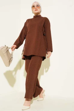 Side Slit Stone Embellished Two-Piece Set Brown
