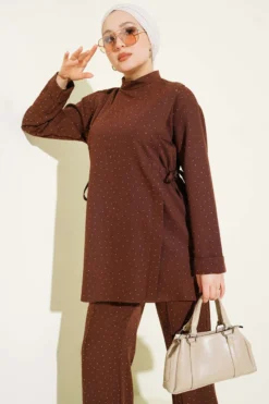 Alternative view of Side Slit Stone Embellished Two-Piece Set Brown