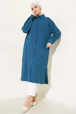 Side Slit Striped Long Shirt Petrol