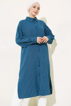 Alternative view of Side Slit Striped Long Shirt Petrol