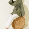 Side Slit Double Sleeve Tunic Khaki