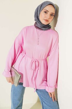 Side Slit Double Sleeve Tunic Pink