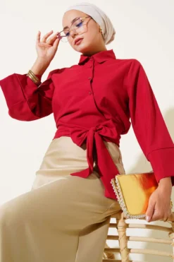 Side Tied Detail Short Shirt Burgundy Großhandel shirt - Hicabistan Türkei Fabrik