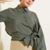 Side Tied Detail Short Shirt Khaki all'ingrosso shirt - Hicabistan fabbrica Turchia