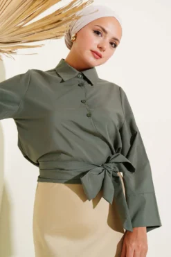 Side Tied Detail Short Shirt Khaki Großhandel shirt - Hicabistan Türkei Fabrik