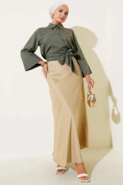 Side Tied Detail Short Shirt Khaki Großhandel shirt view 2 - Hicabistan Türkei Fabrik