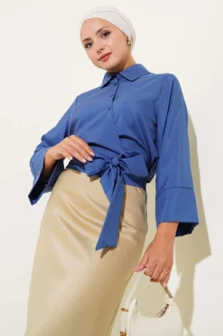 Side Tied Detail Short Shirt Indigo Großhandel shirt - Hicabistan Türkei Fabrik