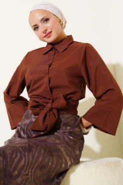 Side Tied Detail Short Shirt Brown Großhandel shirt - Hicabistan Türkei Fabrik