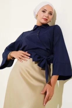 Side Tied Detail Short Shirt Navy Blue Großhandel shirt - Hicabistan Türkei Fabrik