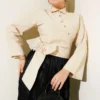 Side Tied Cross Button Short Shirt Beige