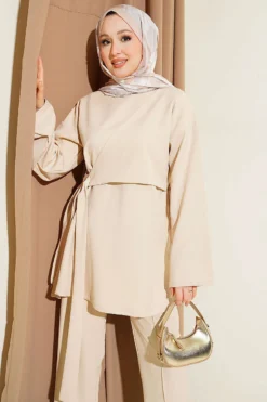 Side Tied Double Set Beige wholesale clothing set view 2 - Hicabistan Turkey factory