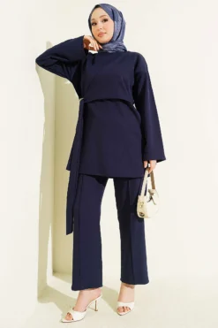 Side Tied Double Set Navy Blue wholesale clothing set view 2 - Hicabistan Turkey factory