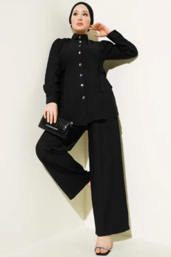 Side Tied Metal Button Two-Piece Set Black