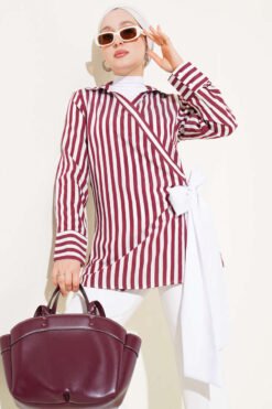 Side Tied Striped Kimono Burgundy