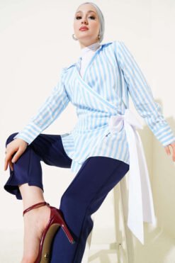 Side Tied Striped Kimono Blue