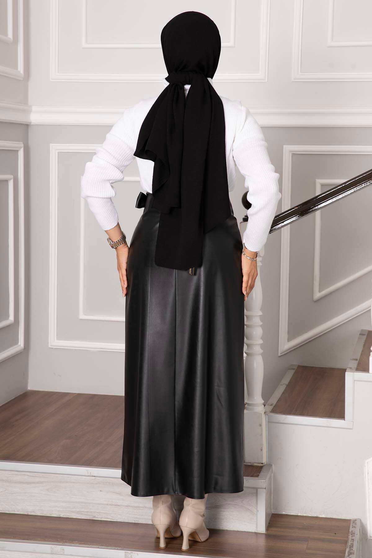 Side-Tie Leather Skirt Black Großhandel skirt view 5 - Hicabistan Türkei Fabrik