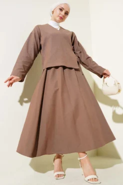 Side Tie Waist Skirt Linen Two-Piece Set Brown