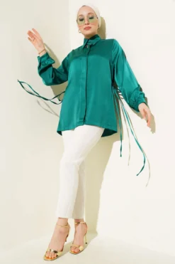 Alternative view of Side Tie Satin Shirt Emerald