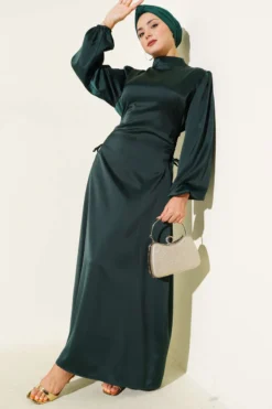 Satin Dress with Side Tie Detail Emerald wholesale dress - Hicabistan Turkey factory