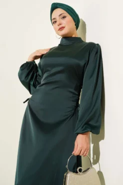 Satin Dress with Side Tie Detail Emerald wholesale dress view 2 - Hicabistan Turkey factory
