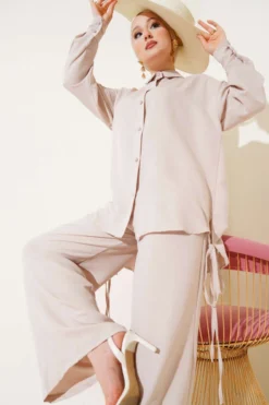 Two-Piece Set with Side Drawstring Details Beige