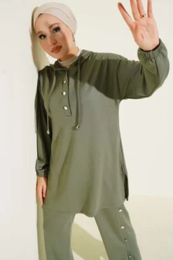 Hooded Two-Piece Set with Metal Buttons on the Sides