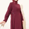 Belted Pleated Dress Burgundy Großhandel dress view 2 - Hicabistan Türkei Fabrik