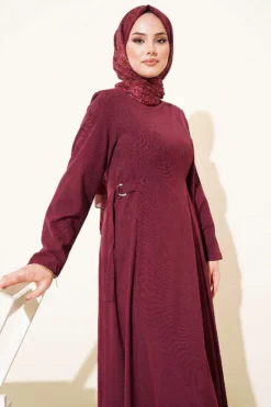 Belted Pleated Dress Burgundy all'ingrosso dress view 2 - Hicabistan fabbrica Turchia