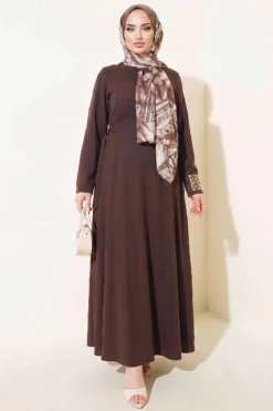 Belted Pleated Dress Brown all'ingrosso dress view 2 - Hicabistan fabbrica Turchia