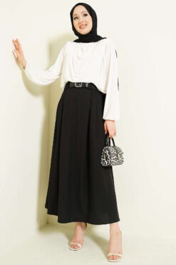 Pleated Belted Flared Skirt Black wholesale skirt view 2 - Hicabistan Turkey factory