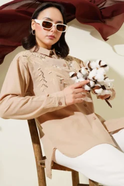 Leaf Embroidered Stone Shirt
