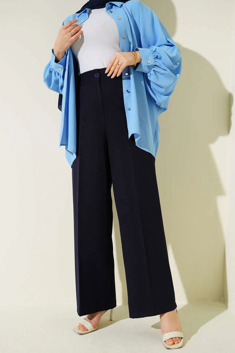Half Waist Elastic Basic Pants Navy Blue
