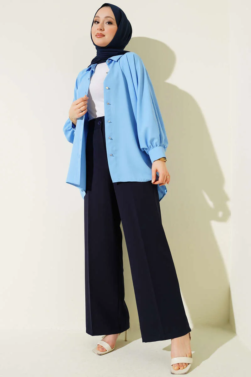 Half Waist Elastic Basic Pants Navy Blue - Image 2