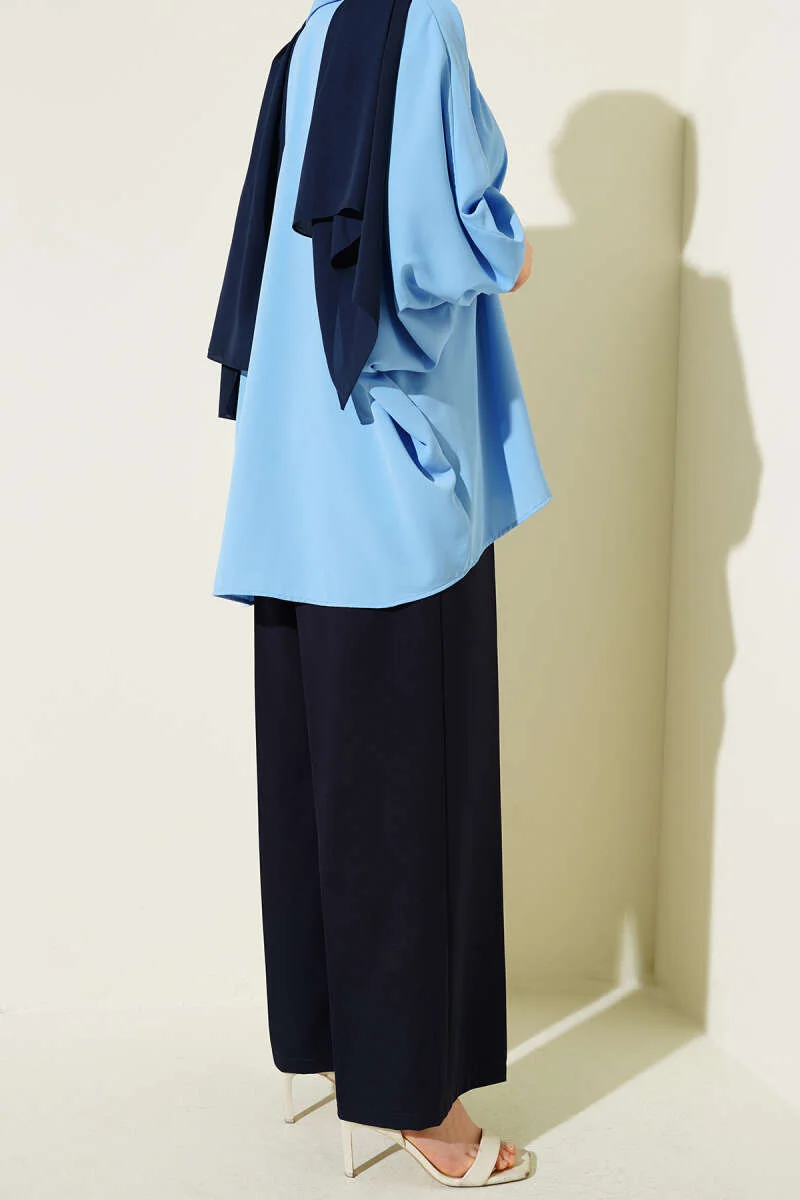 Half Waist Elastic Basic Pants Navy Blue - Image 3